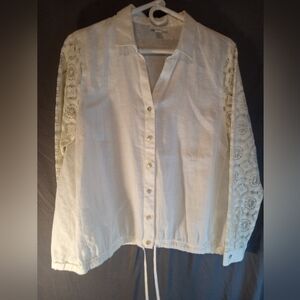 J Jill Women's White Button-Front Blouse with Lace Sleeves